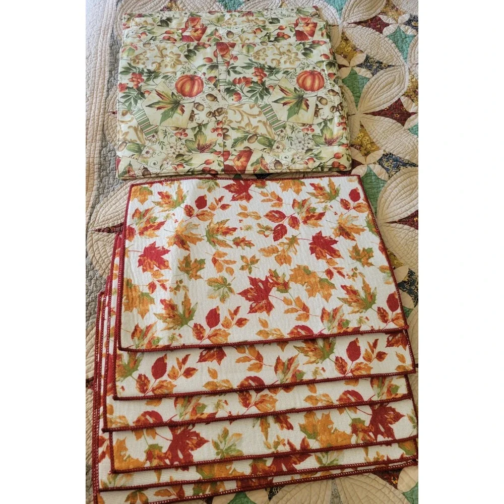Fall Harvest Pumpkin Placemats Set of 8 pc Reversible Leaf Red Orange Cream